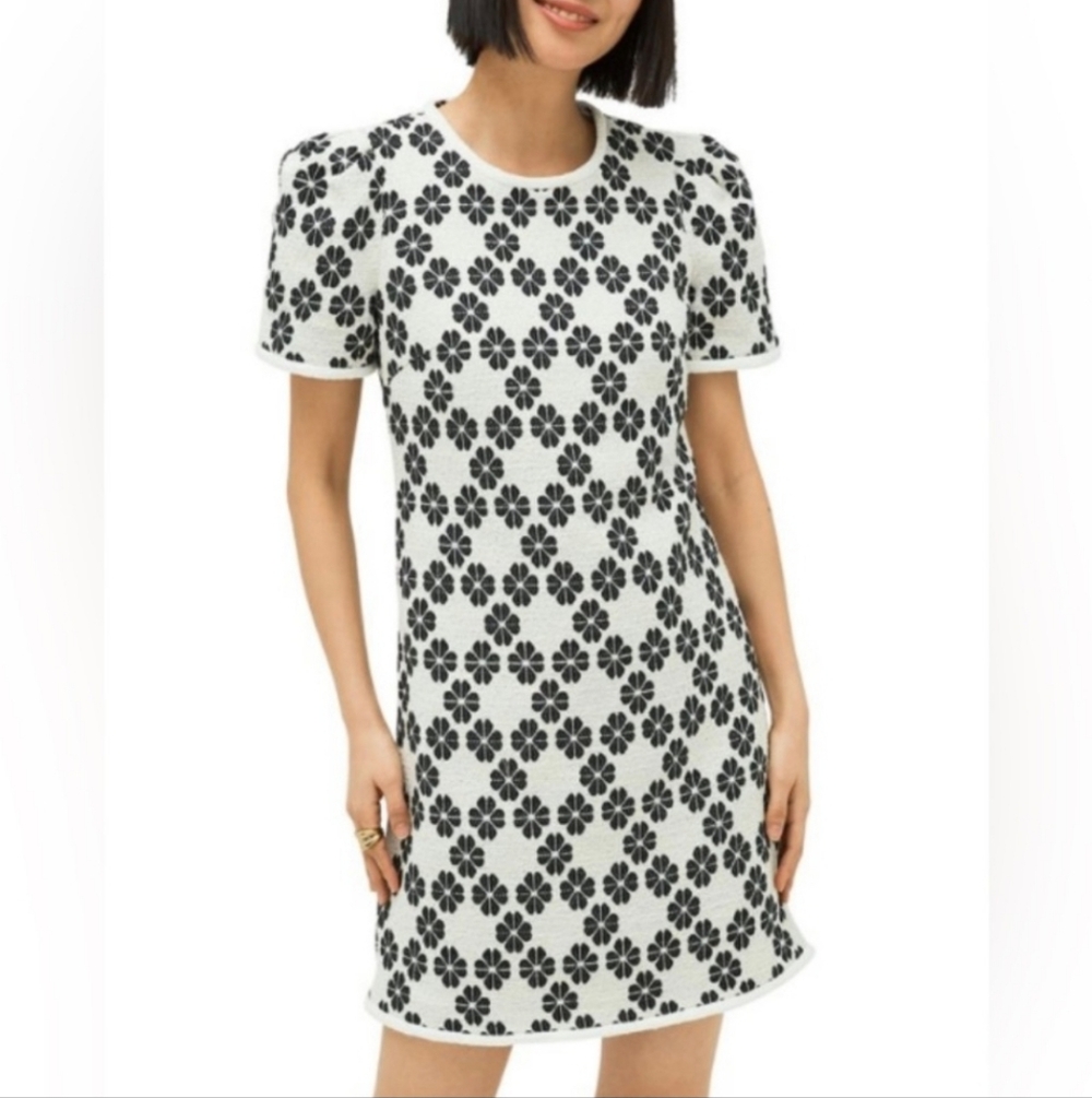 Kate Spade Floral Print Tweed Short Sleeve Dress French Cream Size 4